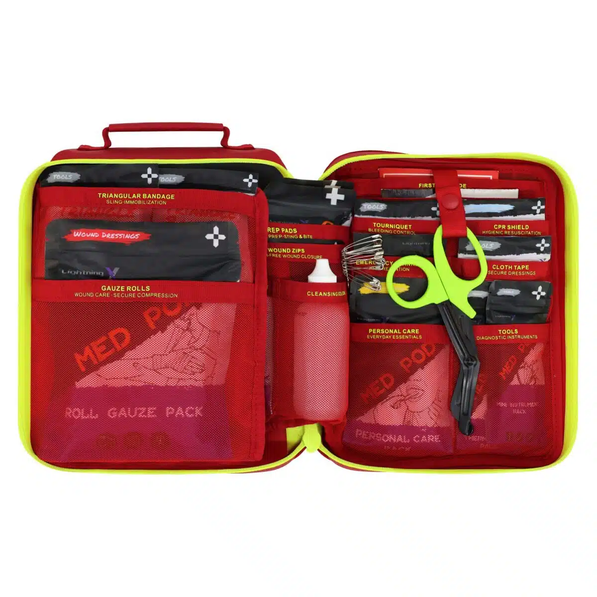 Open red waterproof first aid case with organized trauma supplies and color-coded pouches in mesh pockets