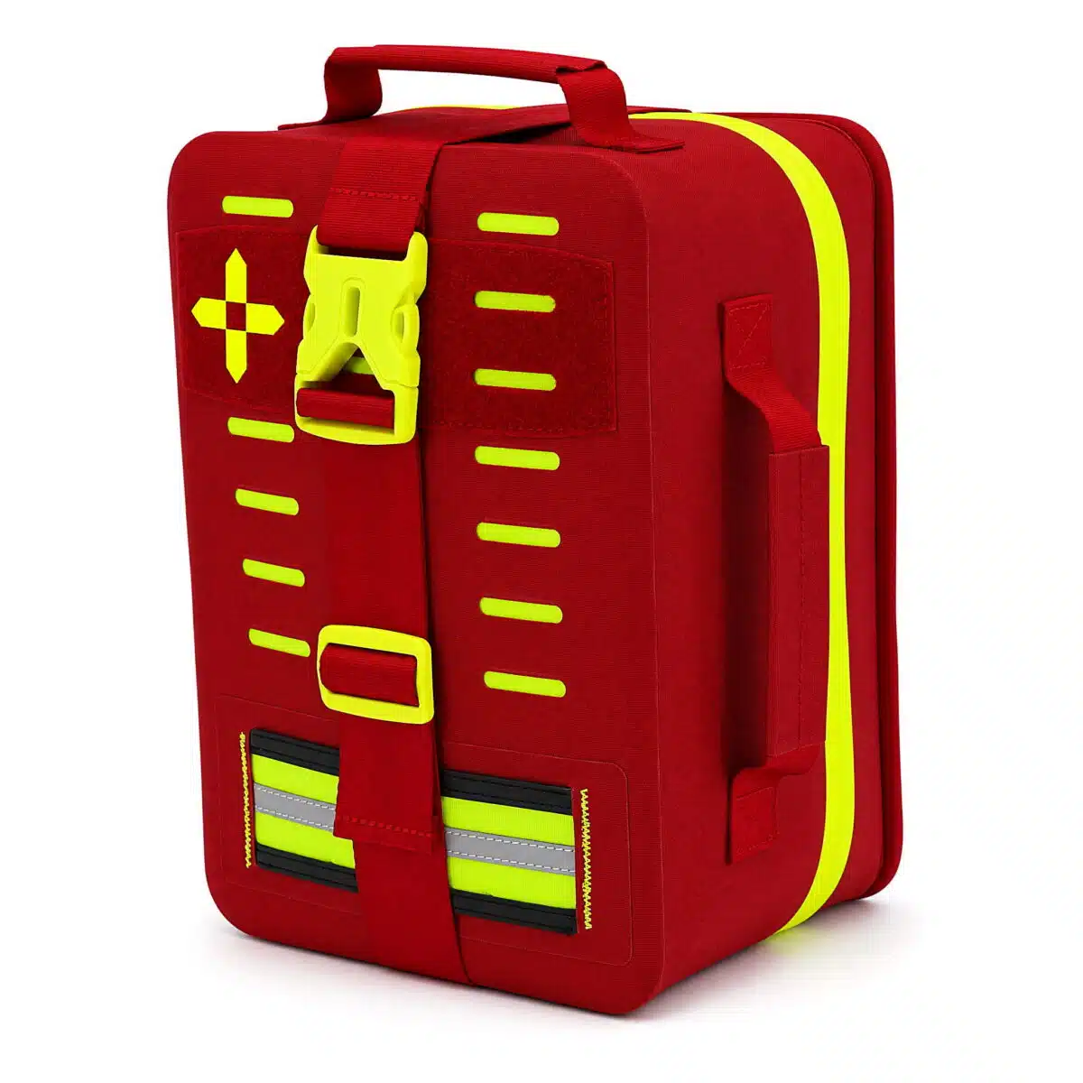 Red waterproof first aid case, angled closed view showing the molded shell side, hi-vis zipper, cross panel and buckle strap