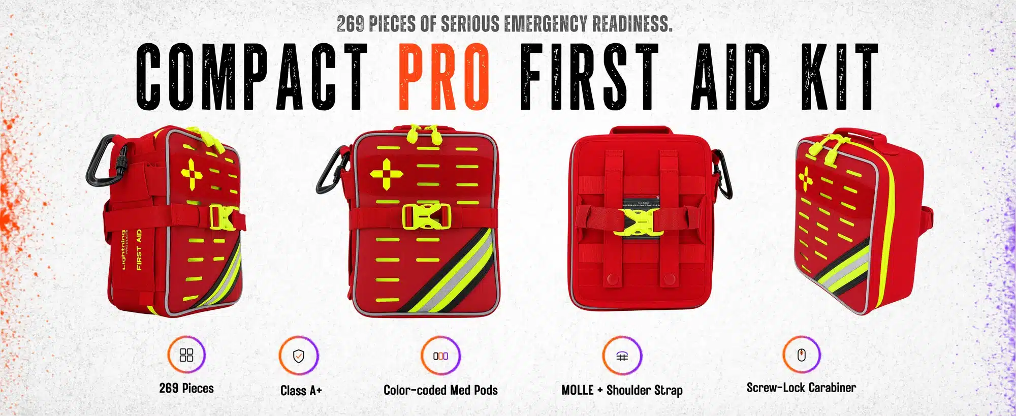 Compact Class A+ soft-case first aid kit, 269 pieces, shown closed from three angles with hi-vis yellow trim
