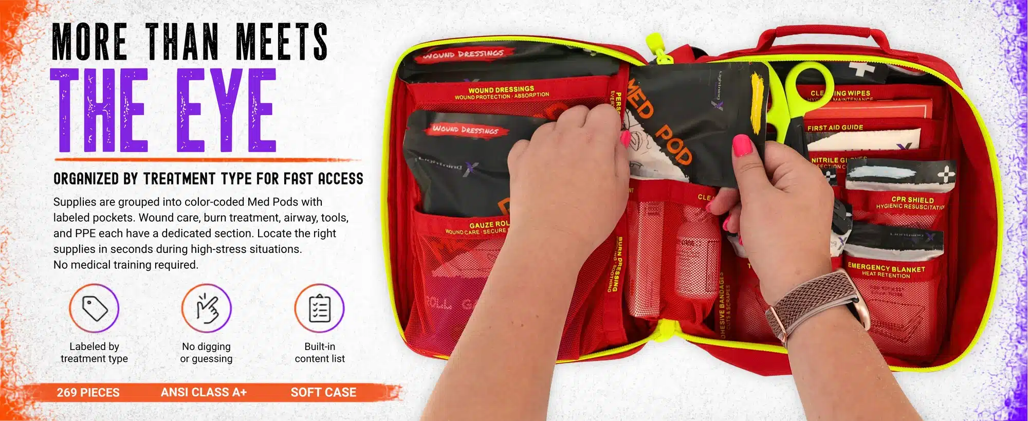 Open Class A+ soft-case first aid kit revealing color-coded Med Pods and supplies organized by treatment type