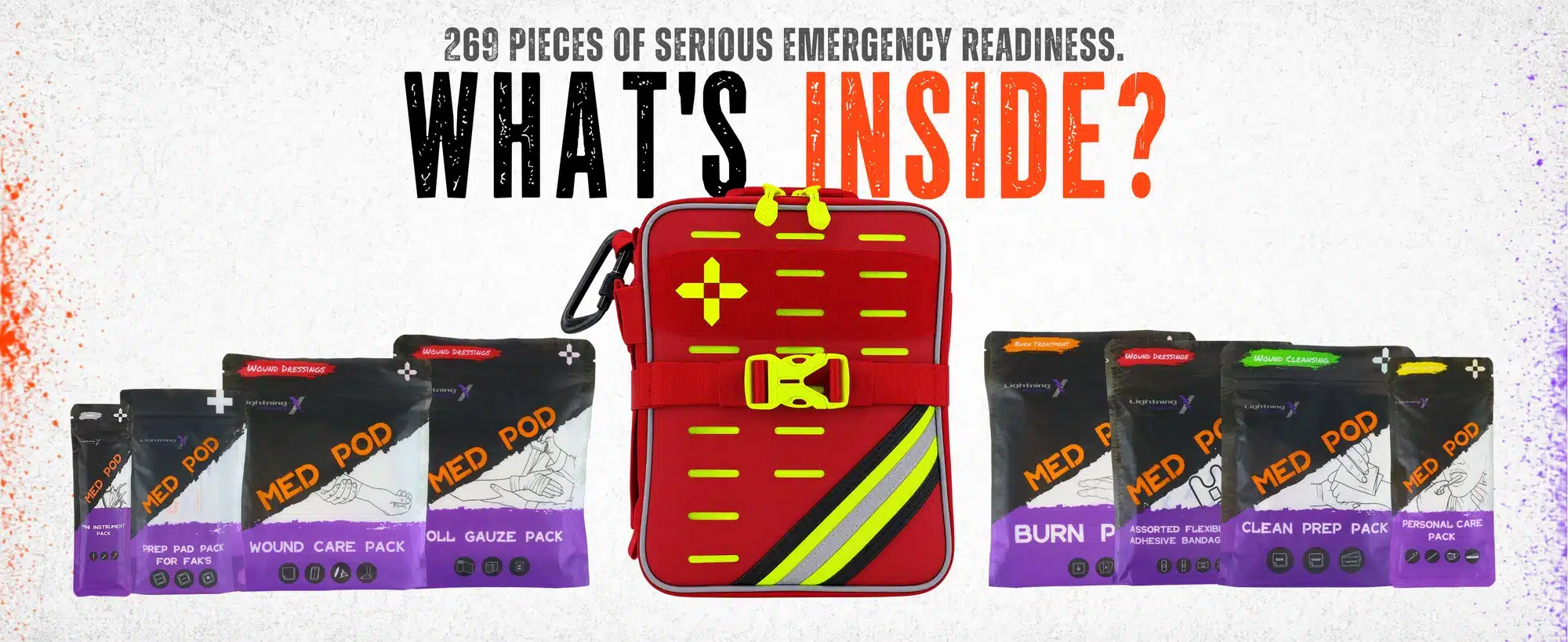Contents of the 269-piece Class A+ soft-case first aid kit laid out with all supplies and Med Pods