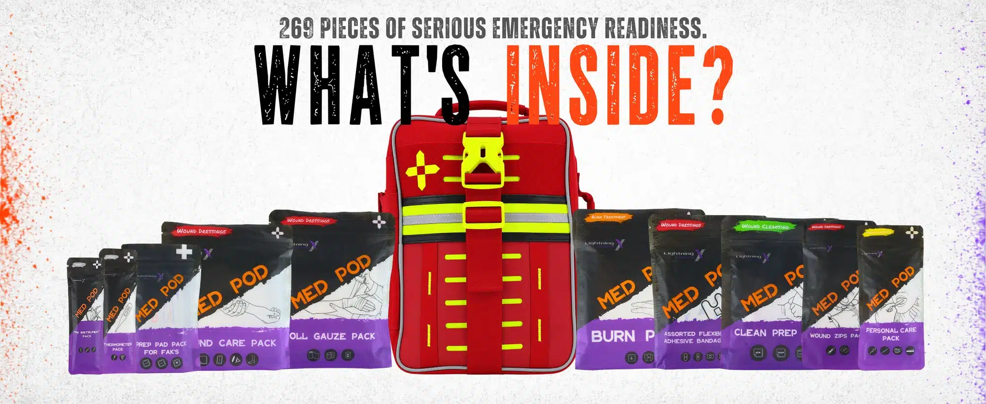 Contents of the 364-piece soft-case Class B+ first aid kit laid out with all supplies and Med Pods