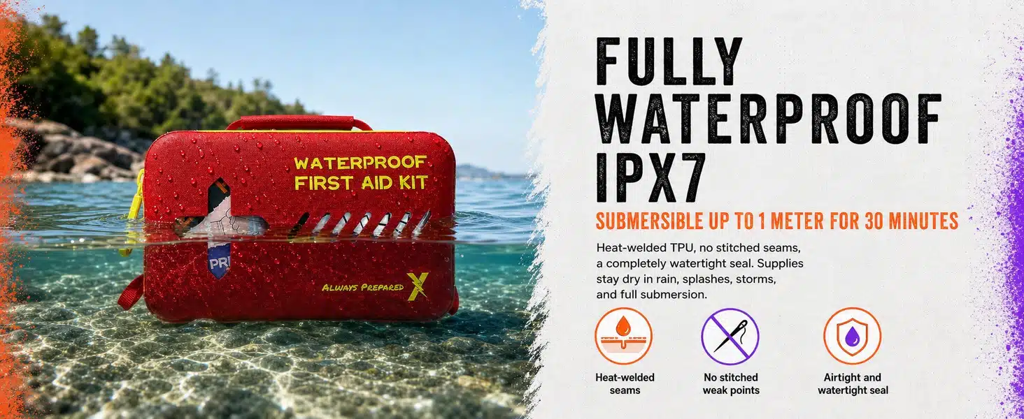 Red waterproof first aid case partly submerged in water, showing its IPX7 heat-welded watertight seal