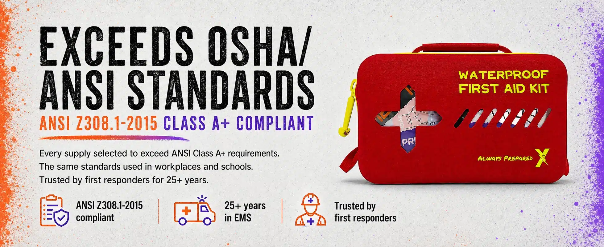 Red waterproof first aid case with ANSI Z308.1-2015 Class A+ compliance and first-responder trust callouts