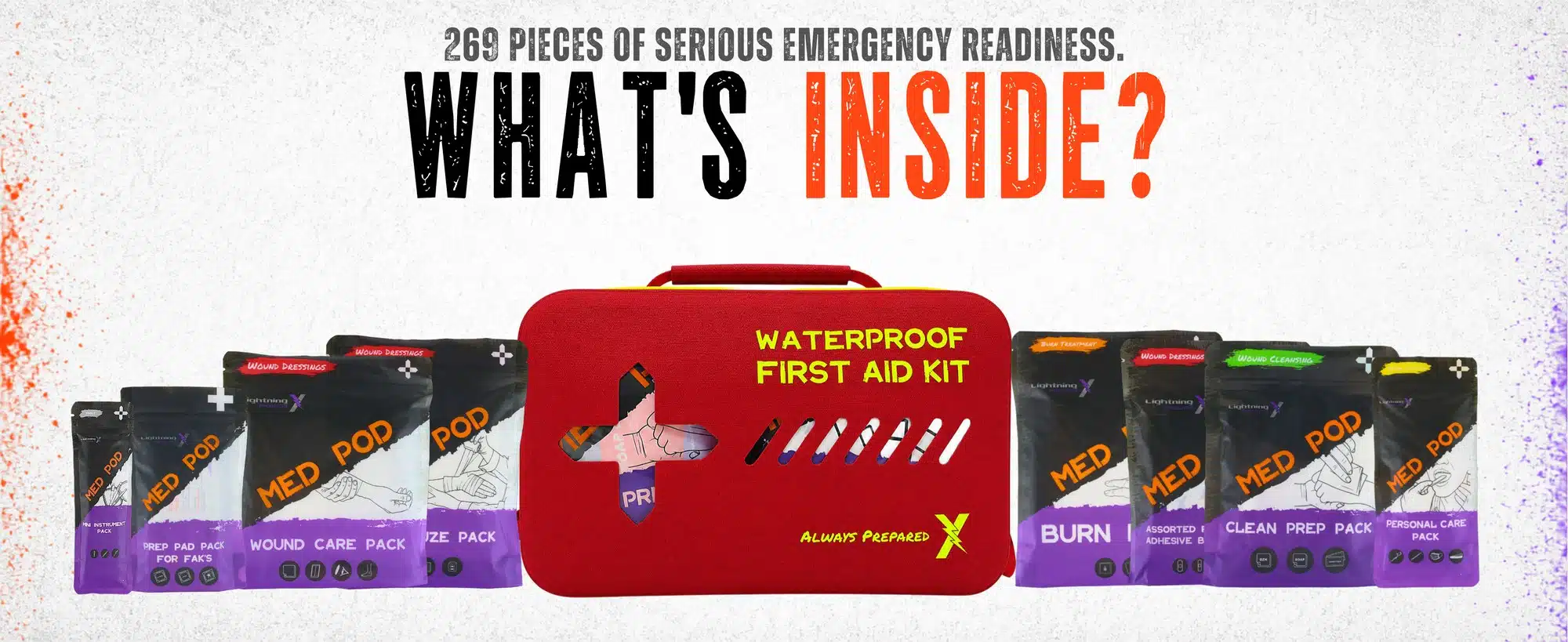 Contents of the 269-piece waterproof Class A+ first aid kit laid out with all supplies
