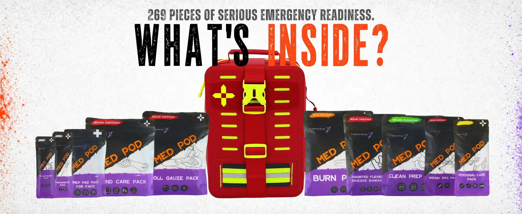 Contents of the 364-piece waterproof Class B+ first aid kit laid out with all supplies and Med Pods