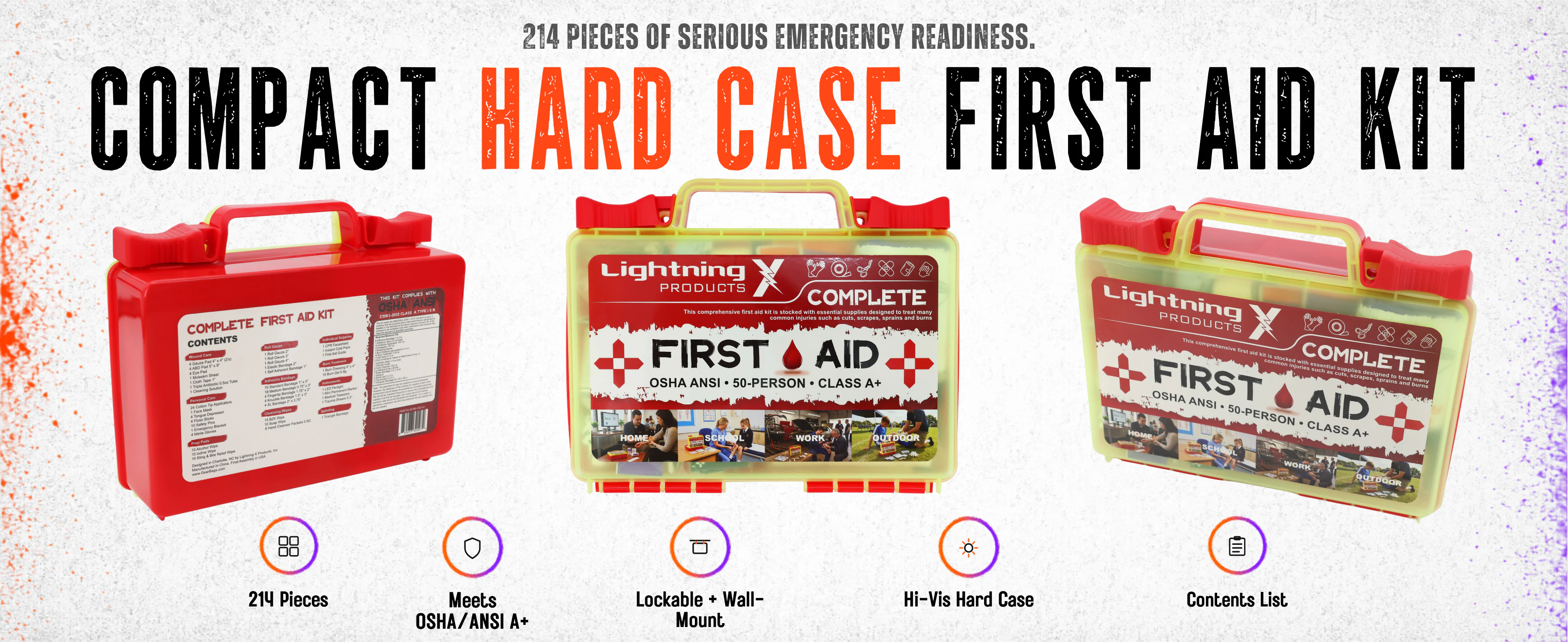 Class A+ hard-case first aid kit, 214 pieces, compact hi-vis impact-resistant shell from three angles