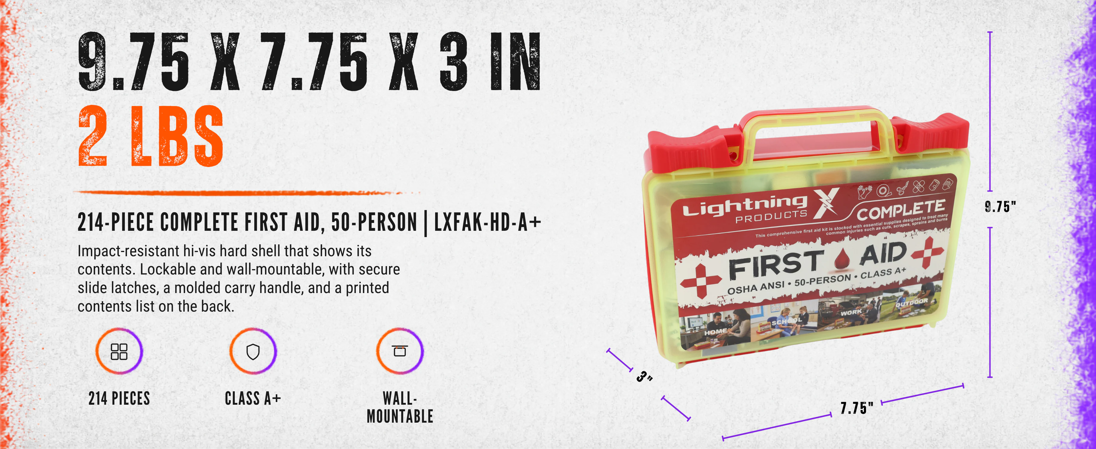 Class A+ hard-case first aid kit specs: 214 pieces, 9.75 x 7.75 x 3 inches, lockable wall-mount shell