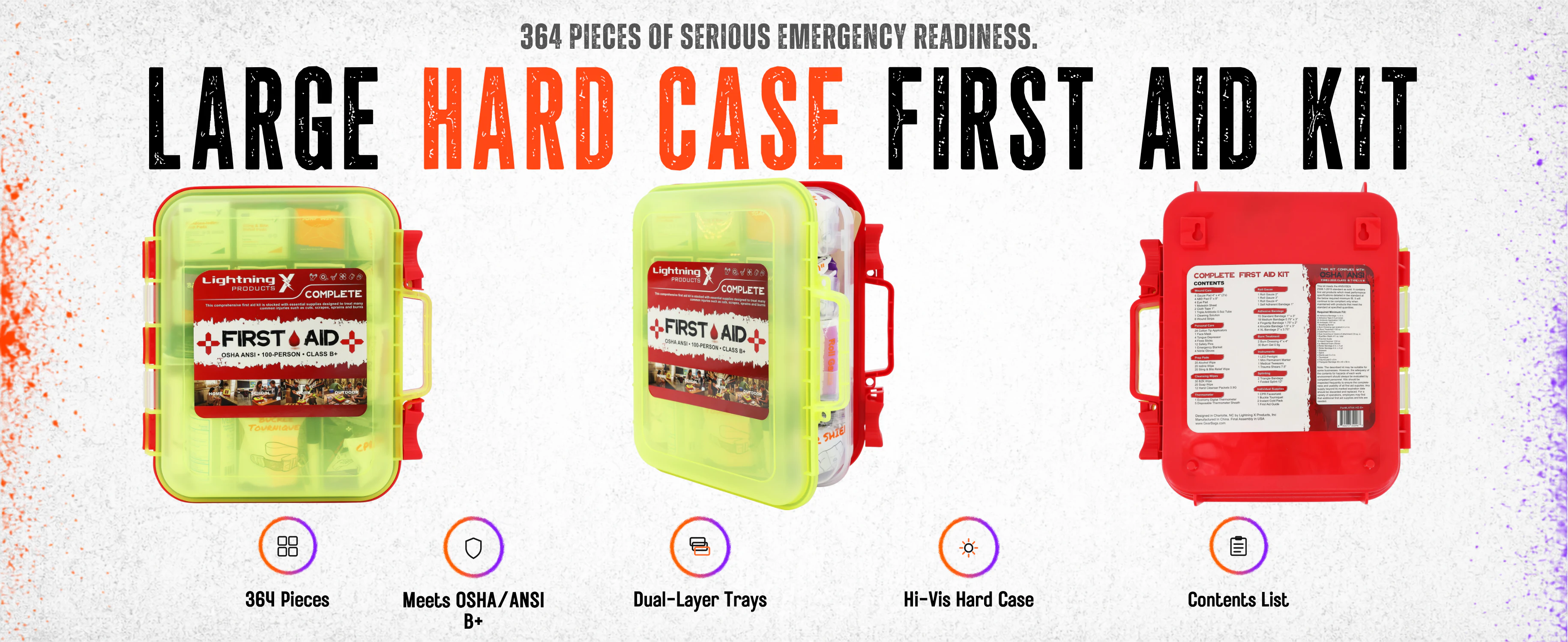 Class B+ hard-case first aid kit, 364 pieces, hi-vis impact-resistant shell shown from three angles