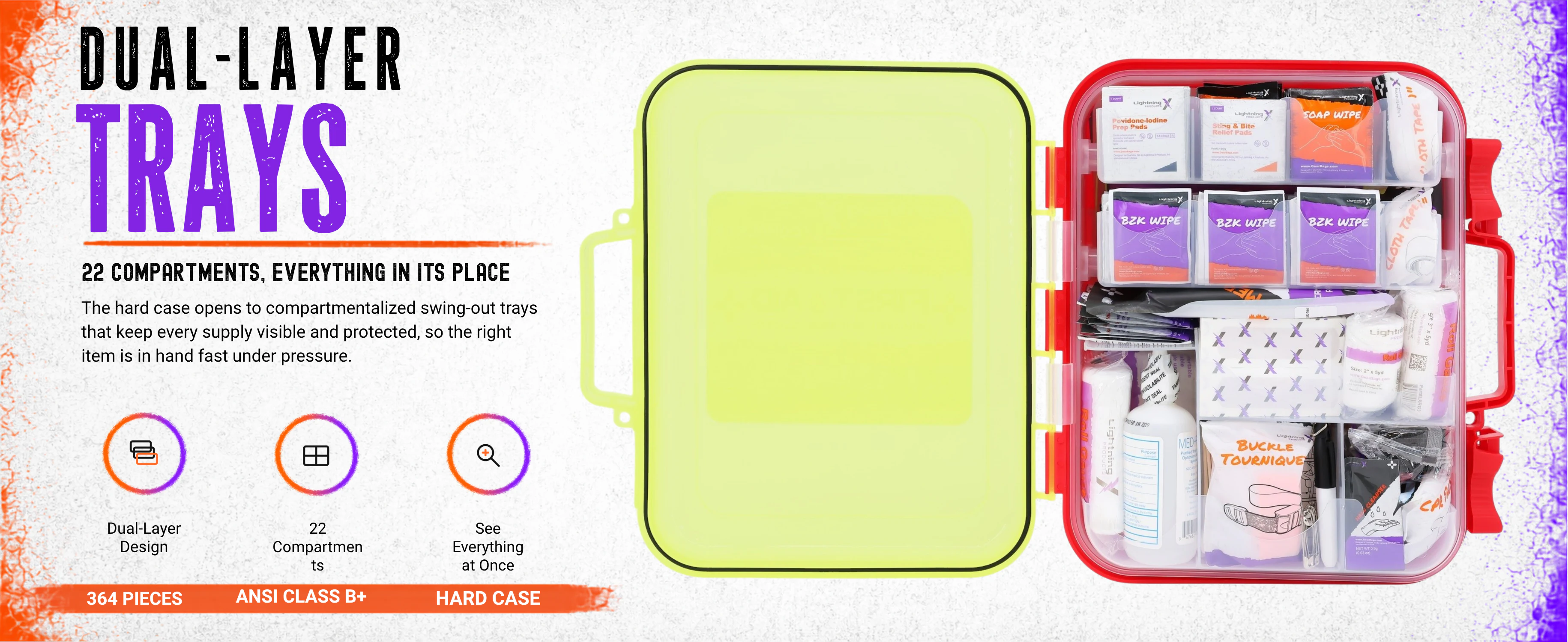 Open Class B+ hard case with dual-layer swing-out trays holding 364 supplies across 22 compartments