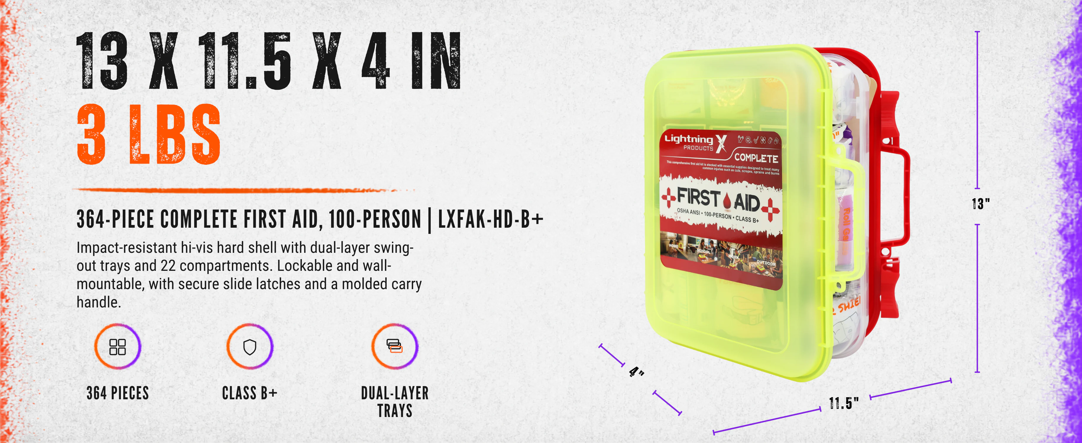 Class B+ hard-case first aid kit specs: 364 pieces, 13 x 11.5 x 4 inches, wall-mountable hi-vis shell