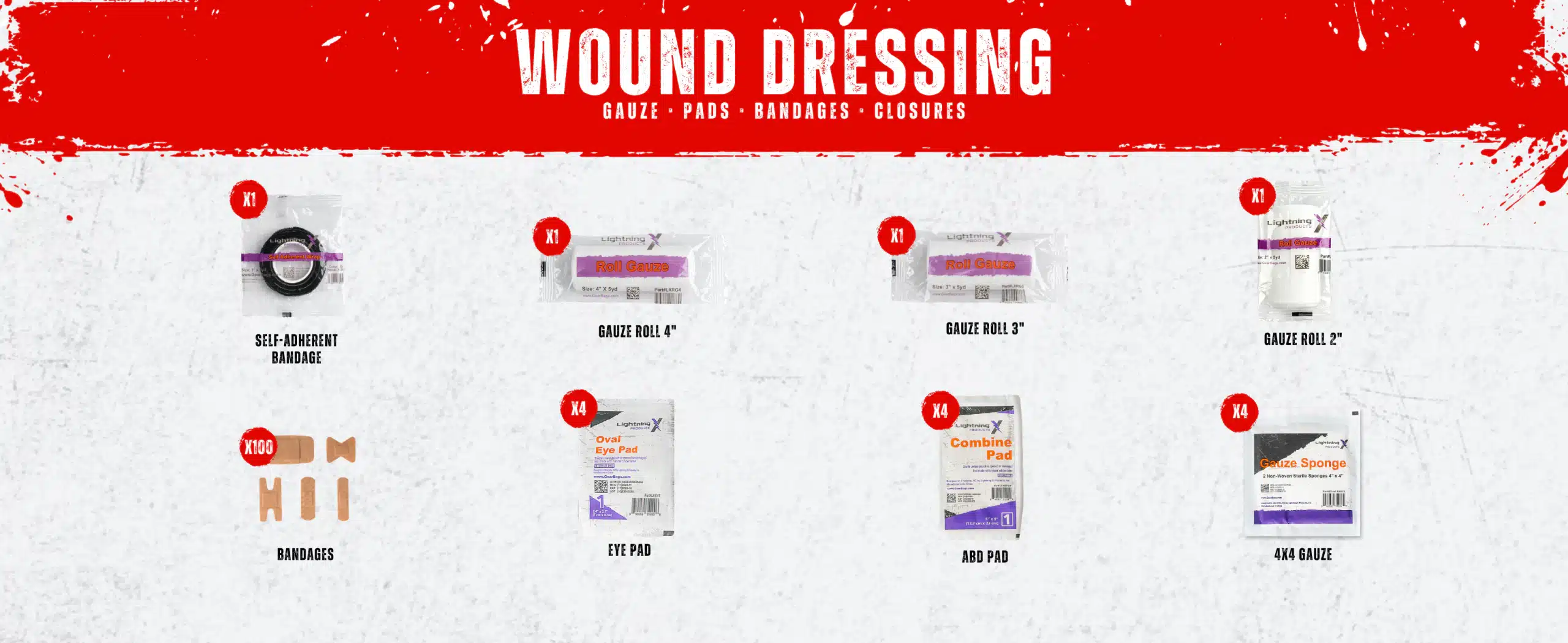 Wound dressing supplies for a trauma kit: gauze rolls, ABD and eye pads, adhesive bandages, elastic wrap