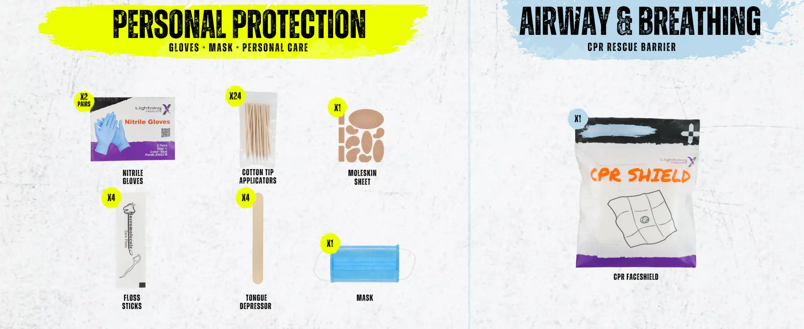 Protection and airway supplies: nitrile gloves, CPR shield, face mask, tongue depressor, eye flush, moleskin