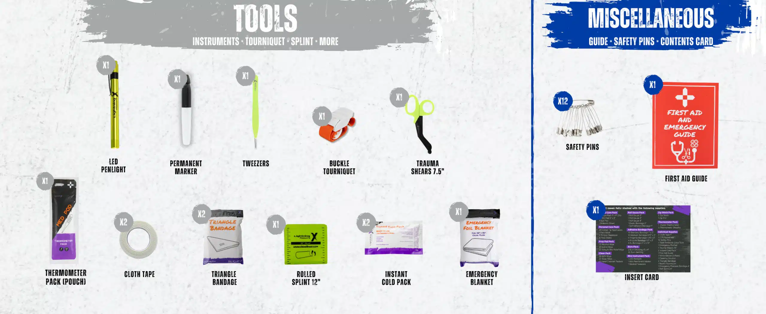 Trauma tools: tourniquet, roll splint, trauma shears, tweezers, penlight, cold pack, emergency blanket
