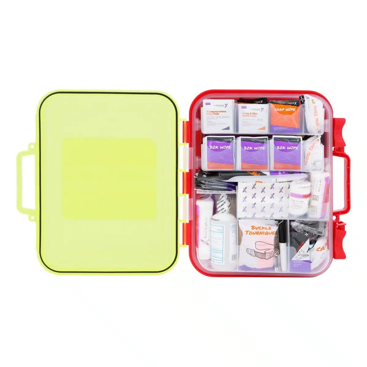 Open hi-vis hard-case Class B+ first aid kit with translucent yellow lid and organized 364-piece supply base