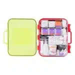 Open hi-vis hard-case Class B+ first aid kit with translucent yellow lid and organized 364-piece supply base