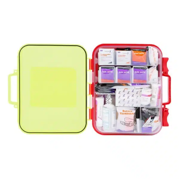 Open hi-vis hard-case Class B+ first aid kit with translucent yellow lid and organized 364-piece supply base