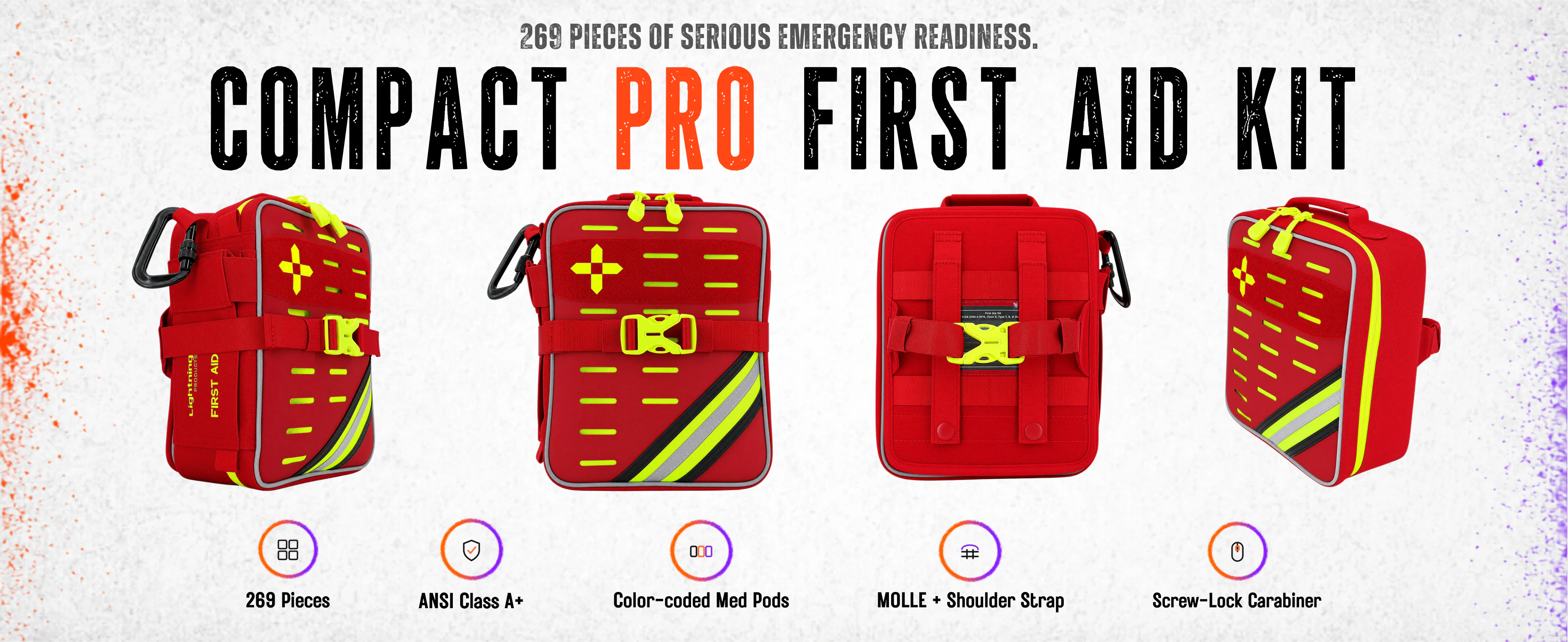 Compact Class A+ soft-case first aid kit, 269 pieces, shown closed from three angles with hi-vis yellow trim