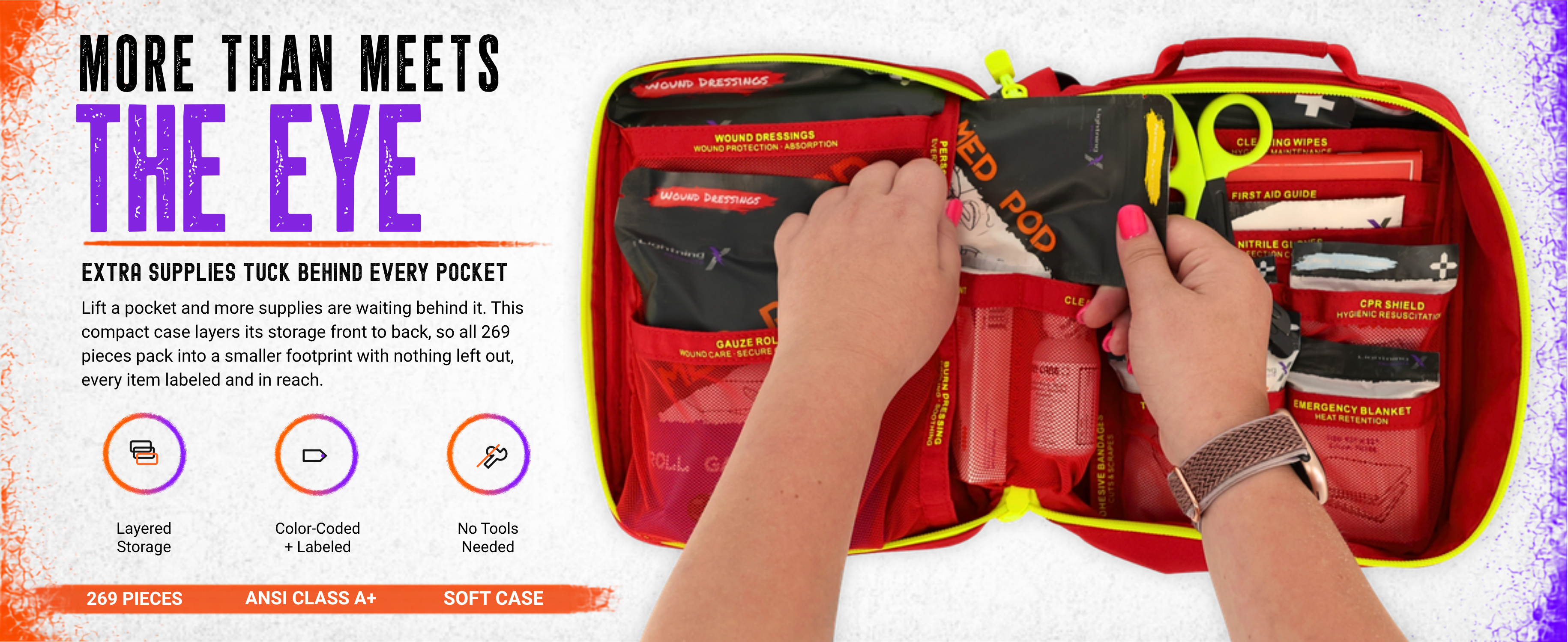 Open Class A+ soft-case first aid kit revealing color-coded Med Pods and supplies organized by treatment type