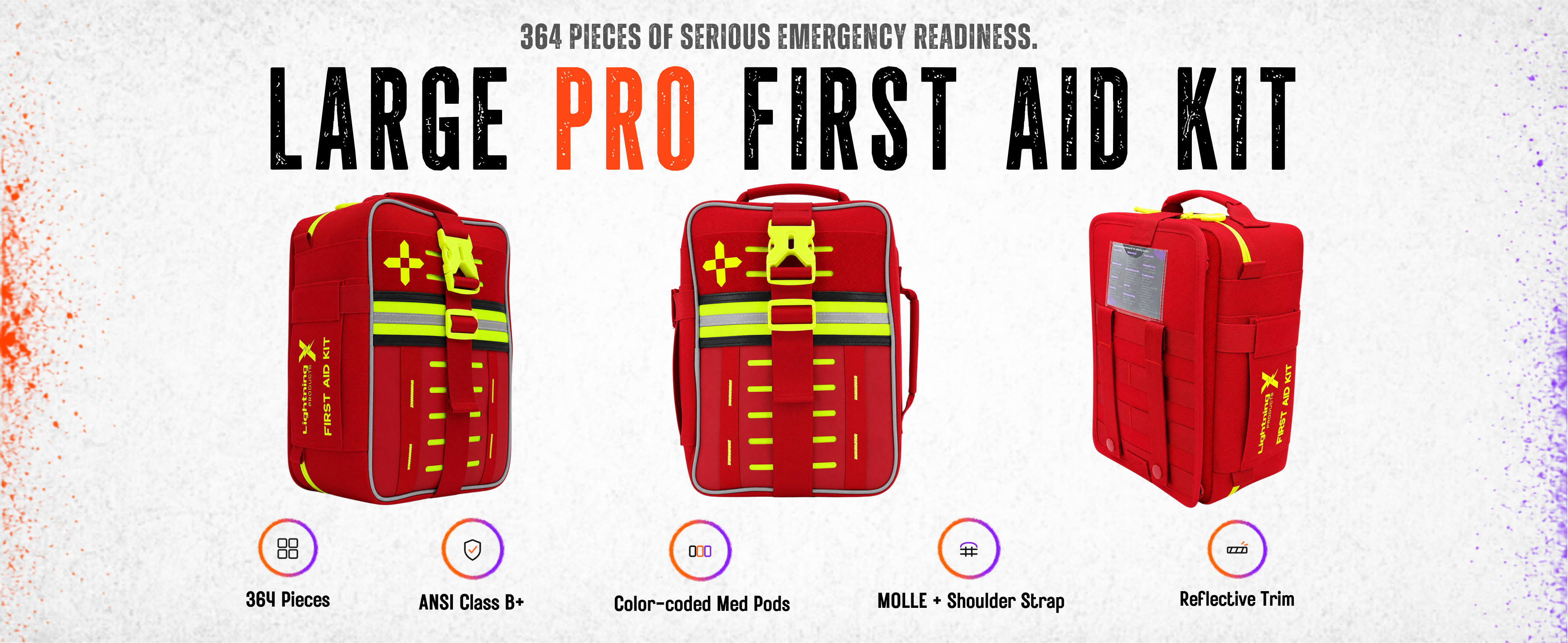 Large Class B+ soft-case first aid kit, 364 pieces, shown closed from three angles with hi-vis yellow trim