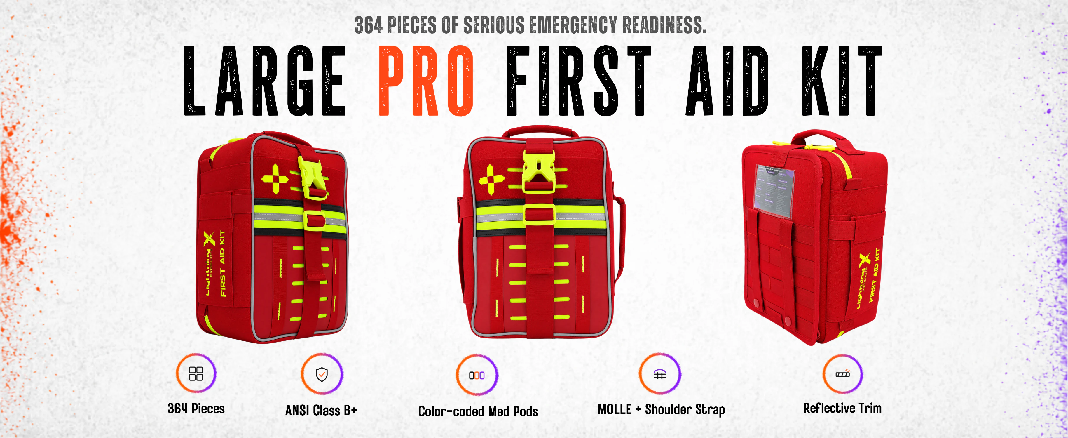 Large Class B+ soft-case first aid kit, 364 pieces, shown closed from three angles with hi-vis yellow trim