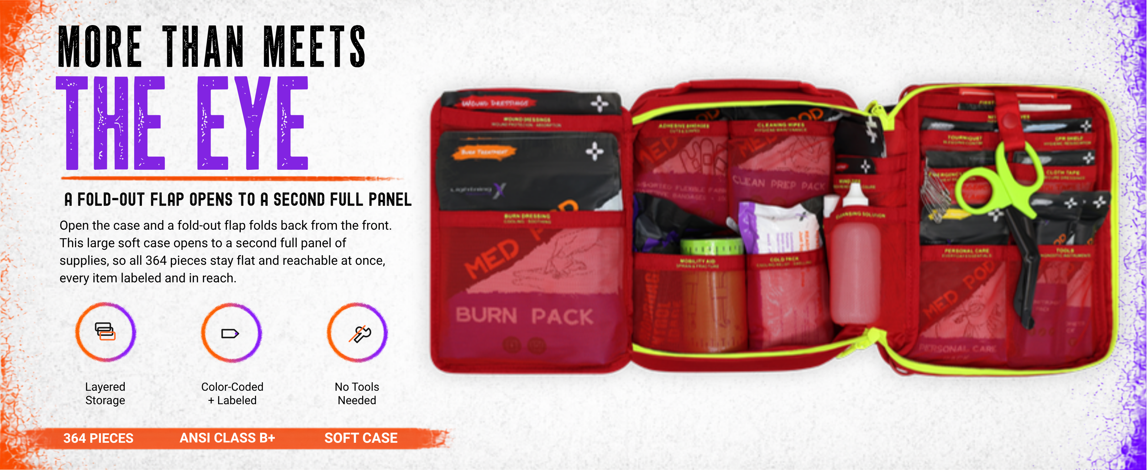Open soft-case Class B+ first aid kit showing color-coded Med Pods and trauma supplies organized by type