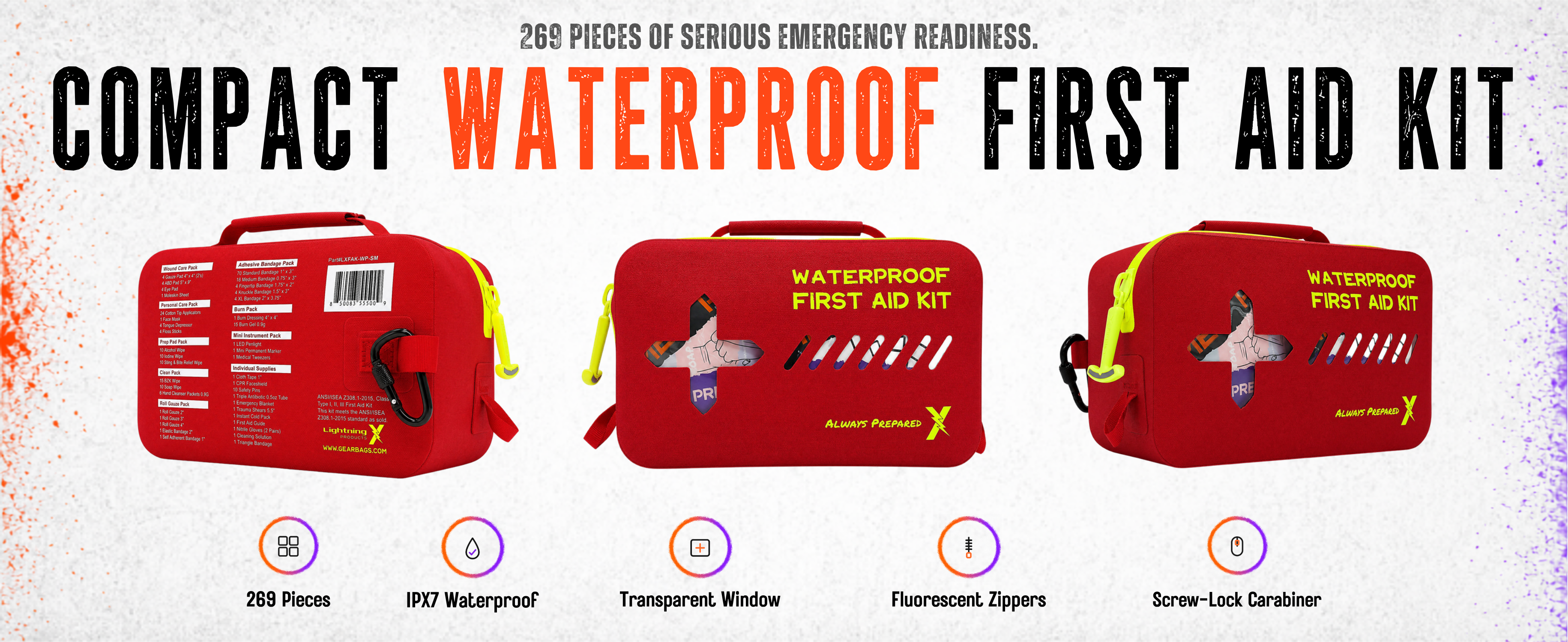 Compact waterproof Class A+ first aid kit, 269 pieces, IPX7, shown from three angles with hi-vis yellow zippers
