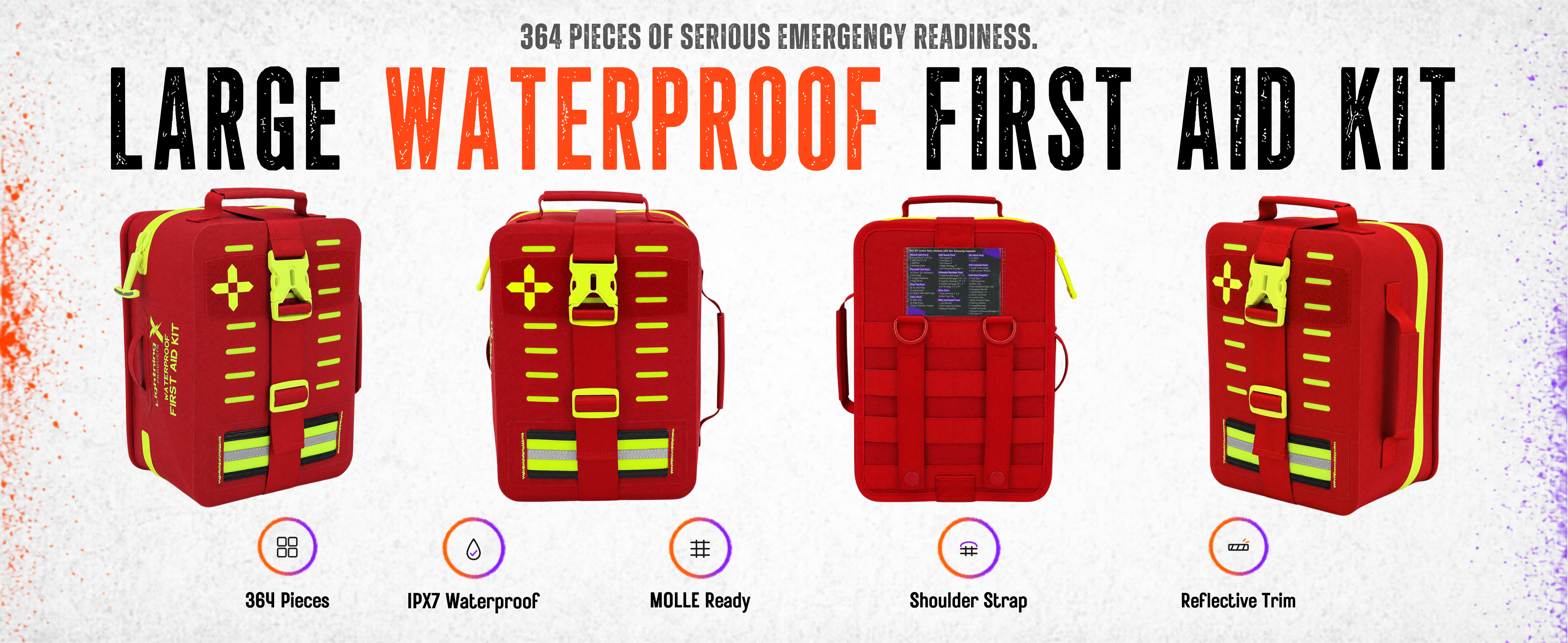 Large waterproof Class B+ first aid kit, 364 pieces, IPX7, shown closed from three angles with hi-vis trim