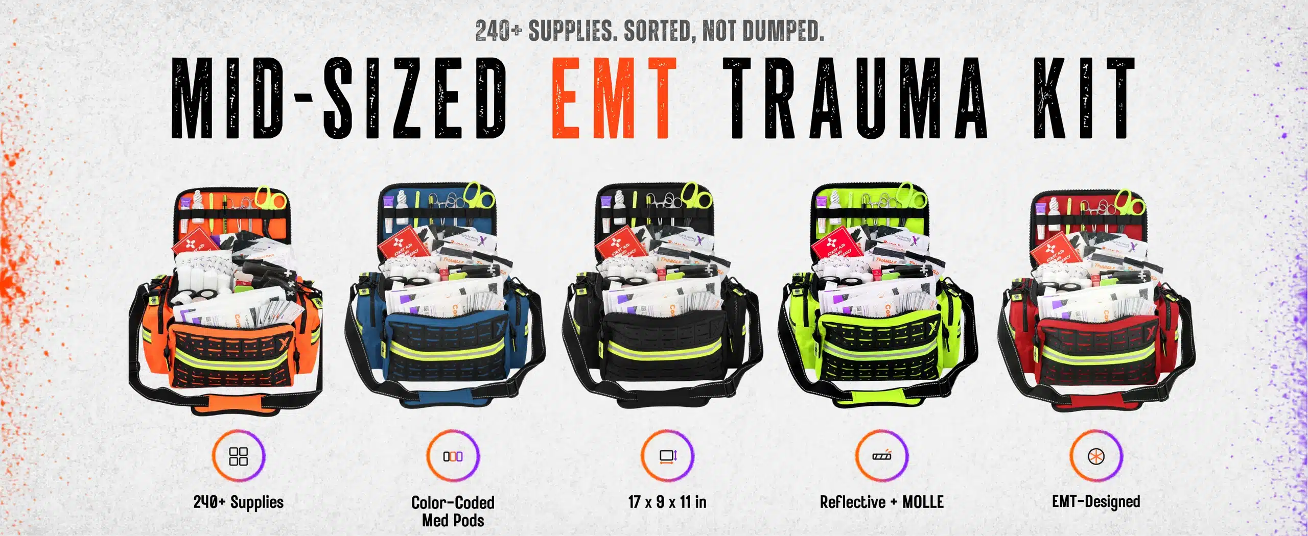 Mid-sized EMT trauma kit shown in five colors, fully stocked with organized supplies