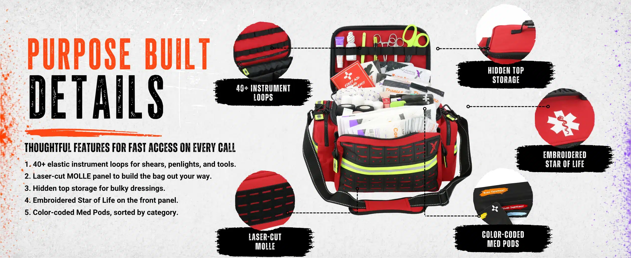 Purpose-built details: Med Pods, instrument loops, MOLLE, Star of Life and hidden storage