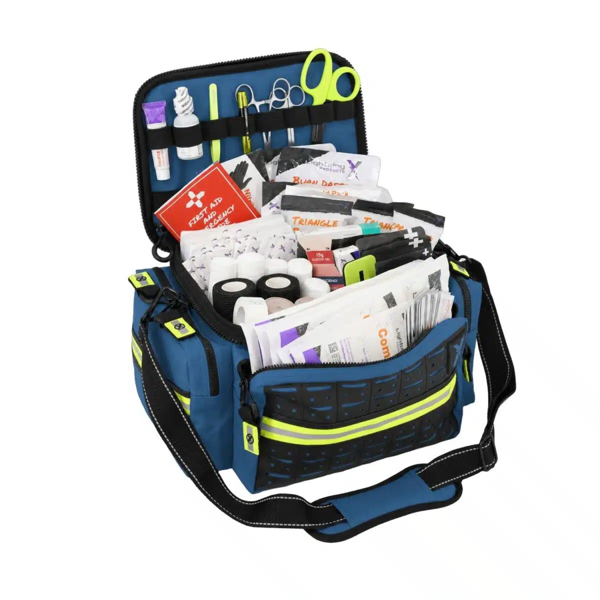 Blue mid-sized EMT trauma bag open at an angle, showing sorted supplies and a Star of Life on the lid.