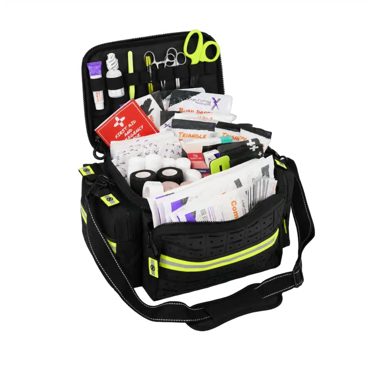 Black mid-sized EMT bag open, three-quarter view showing packed trauma supplies and reflective trim.