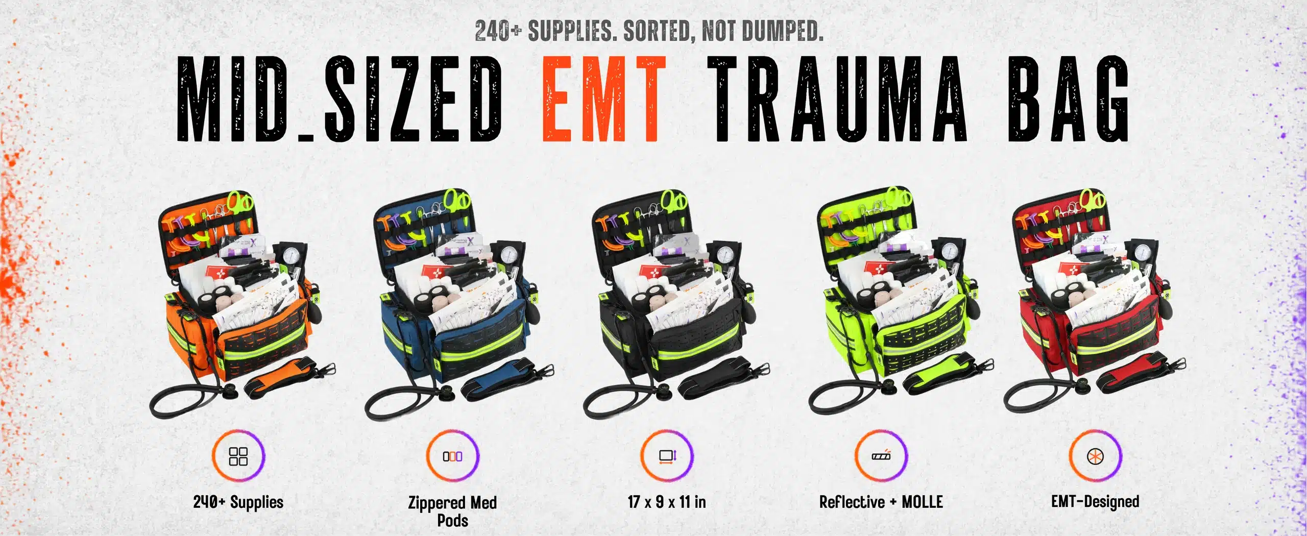 Mid-sized EMT trauma kit shown in five colors, fully stocked with organized supplies