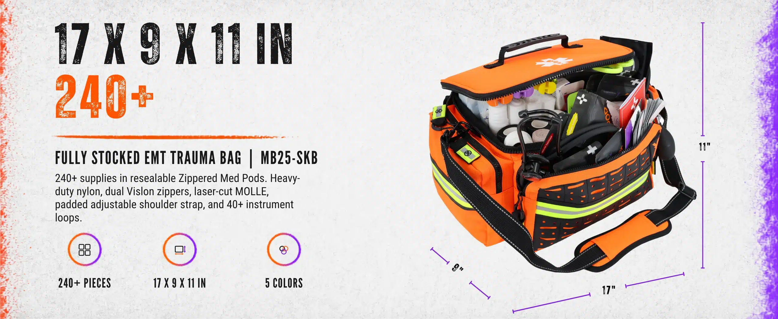 Specifications: 240+ pieces, 17 x 9 x 11 inches, color-coded Med Pods, heavy-duty nylon