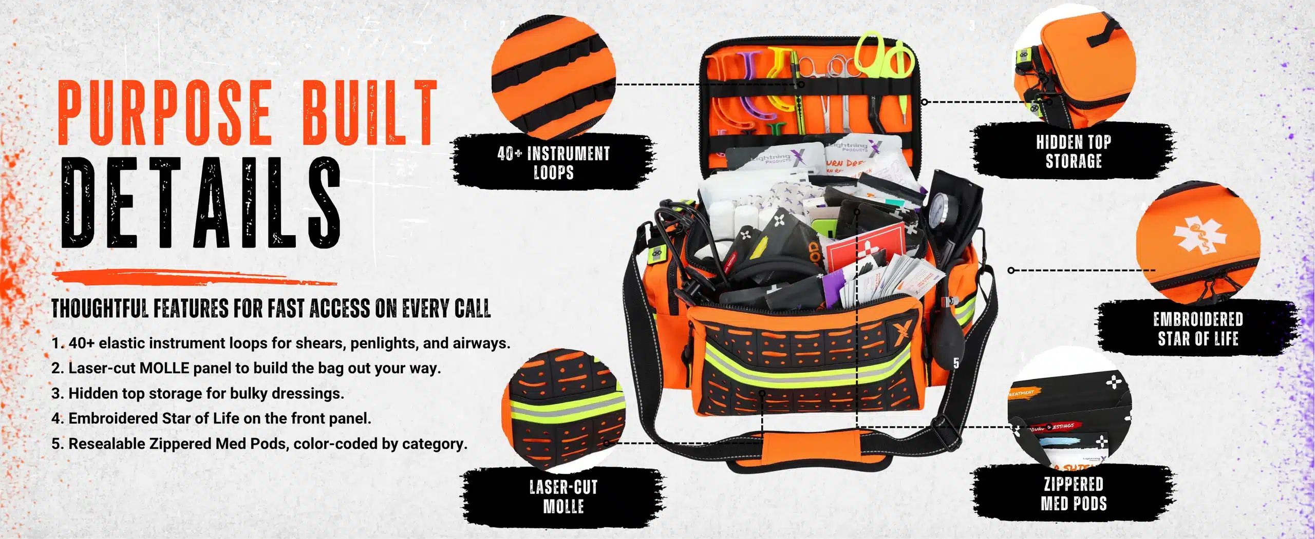 Purpose-built details: Med Pods, instrument loops, MOLLE, Star of Life and hidden storage