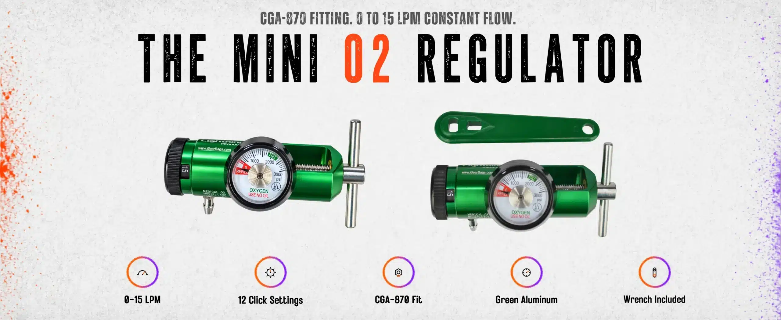 Lightning X Mini O2 regulator with pressure gauge, flow dial and green cylinder wrench, CGA-870 fitting, 0 to 15 LPM constant flow