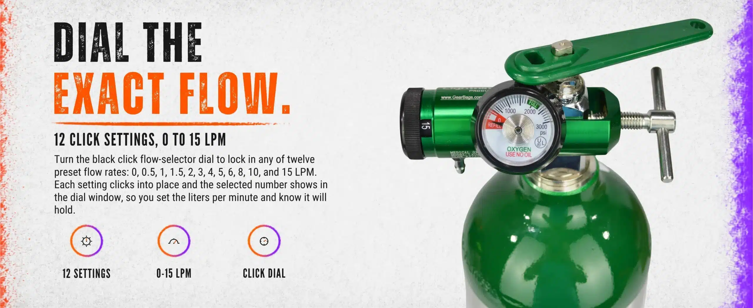 Mini O2 regulator black flow-selector dial with 12 click settings from 0 to 15 LPM