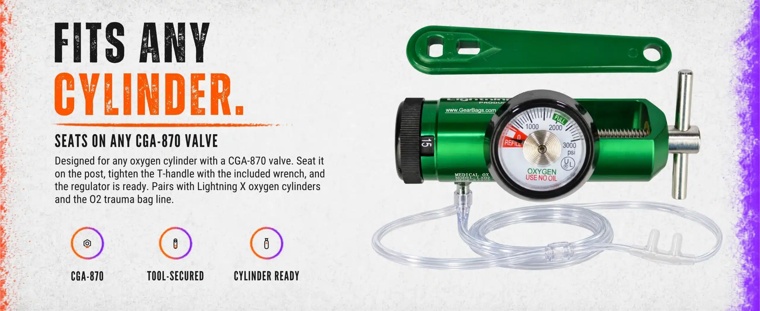 Green mini O2 regulator seated on a CGA-870 oxygen cylinder valve with clear mask tubing