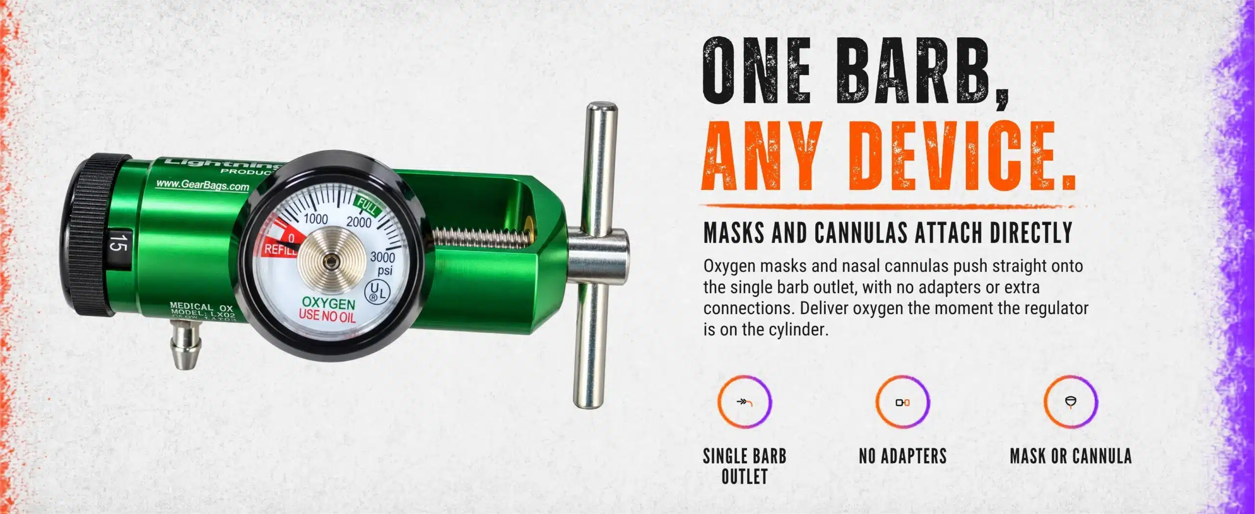 Oxygen mask tubing connected to the mini O2 regulator single barb outlet