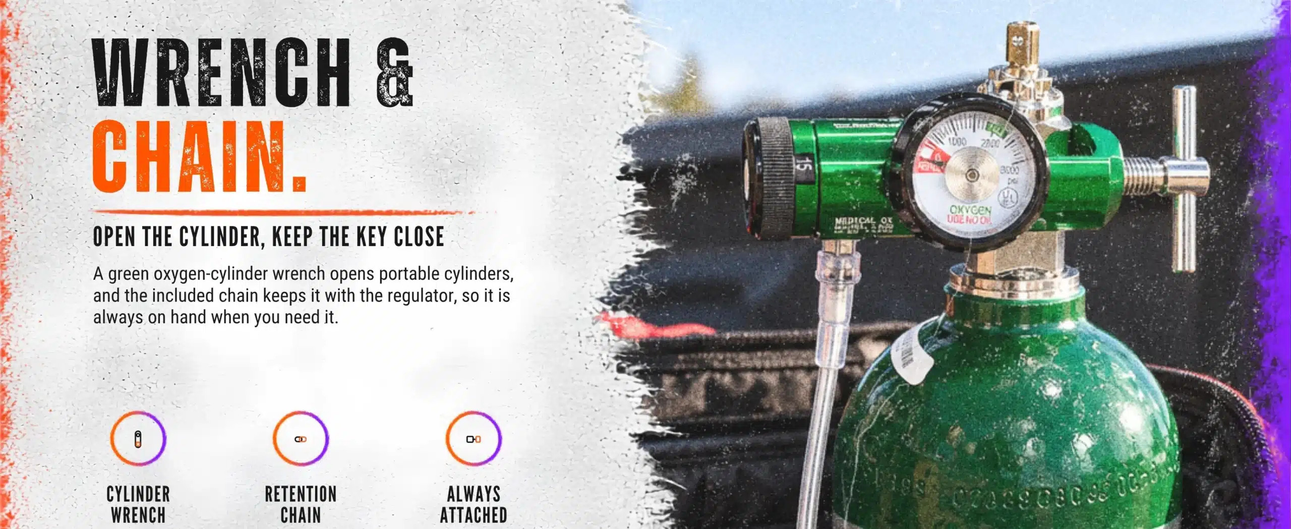 Green oxygen cylinder wrench on its retention chain beside the mini O2 regulator
