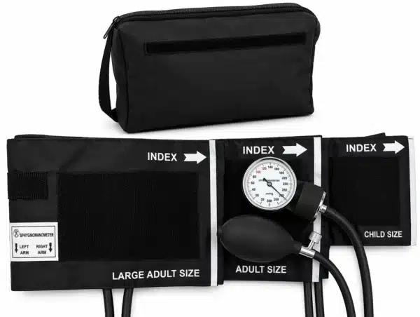 Lightning X 3-in-1 blood pressure cuff kit with black zippered case, large adult, adult and child cuffs, aneroid gauge and inflation bulb with index and artery markings