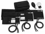 Lightning X 3-in-1 aneroid blood pressure kit laid out: zippered carry case, inflation bulb, gauge and child, adult and large adult cuffs with tubing