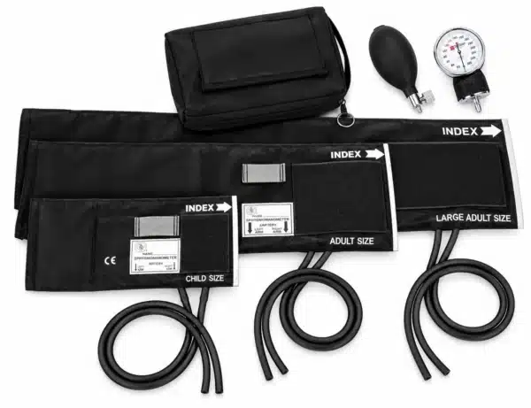 Lightning X 3-in-1 aneroid blood pressure kit laid out: zippered carry case, inflation bulb, gauge and child, adult and large adult cuffs with tubing